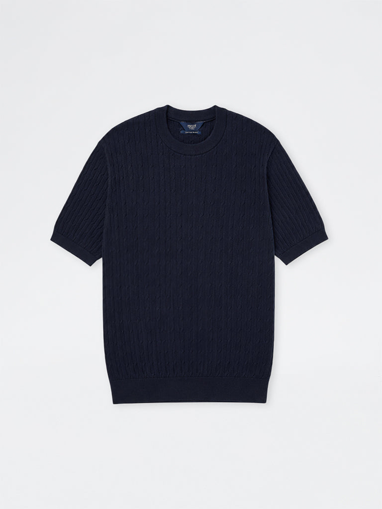 Ascot Navy Cable-Knit Relaxed-Fit Cotton-Blend T-Shirt