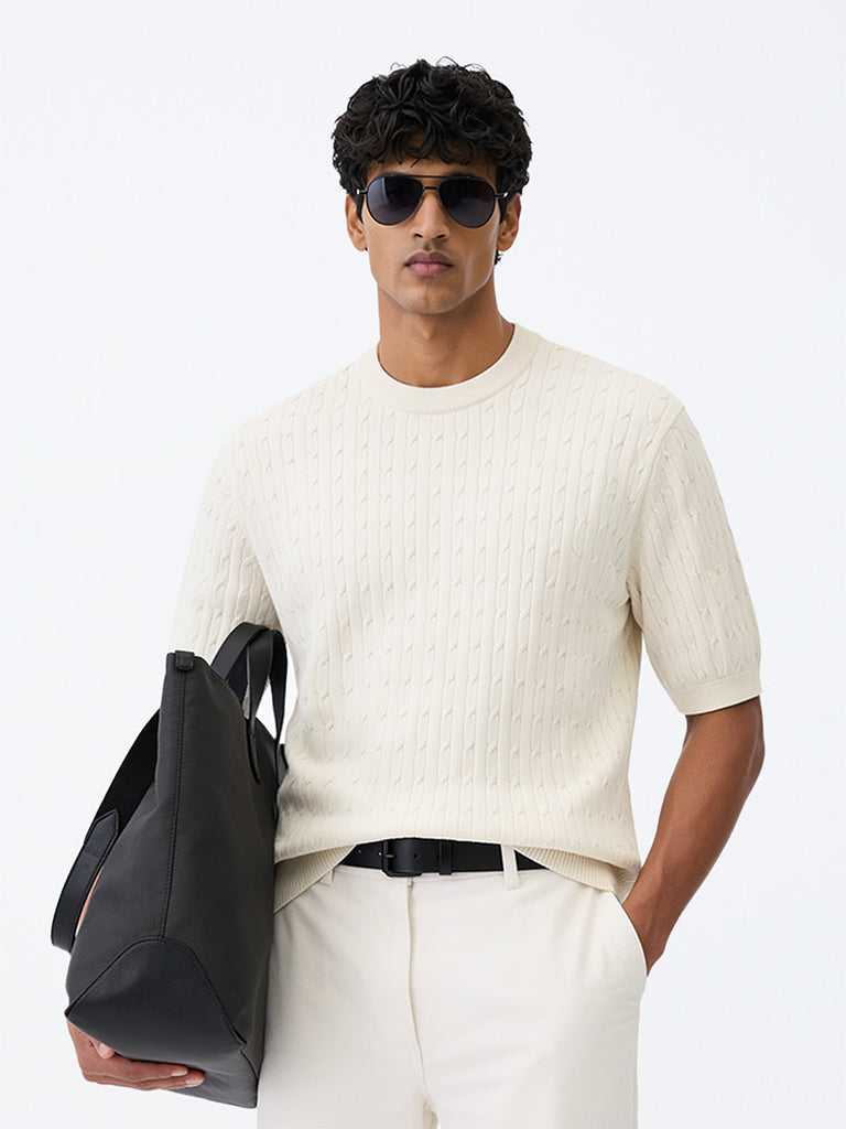 Ascot Off-White Cable-Knit Relaxed-Fit Cotton-Blend T-Shirt