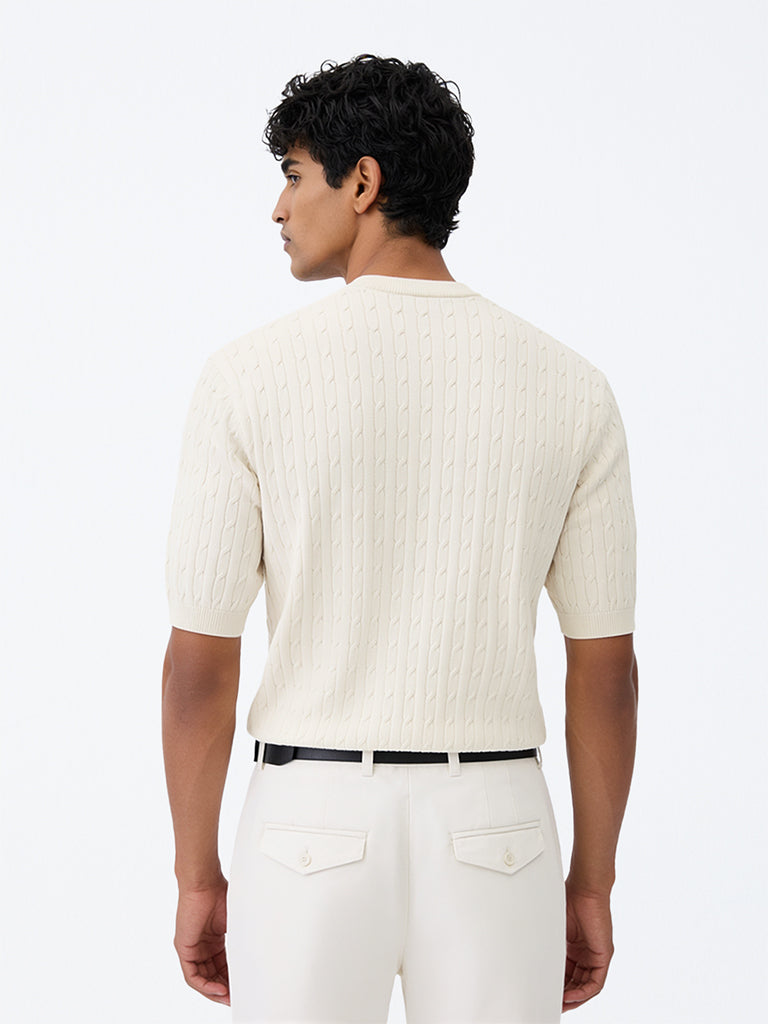Ascot Off-White Cable-Knit Relaxed-Fit Cotton-Blend T-Shirt