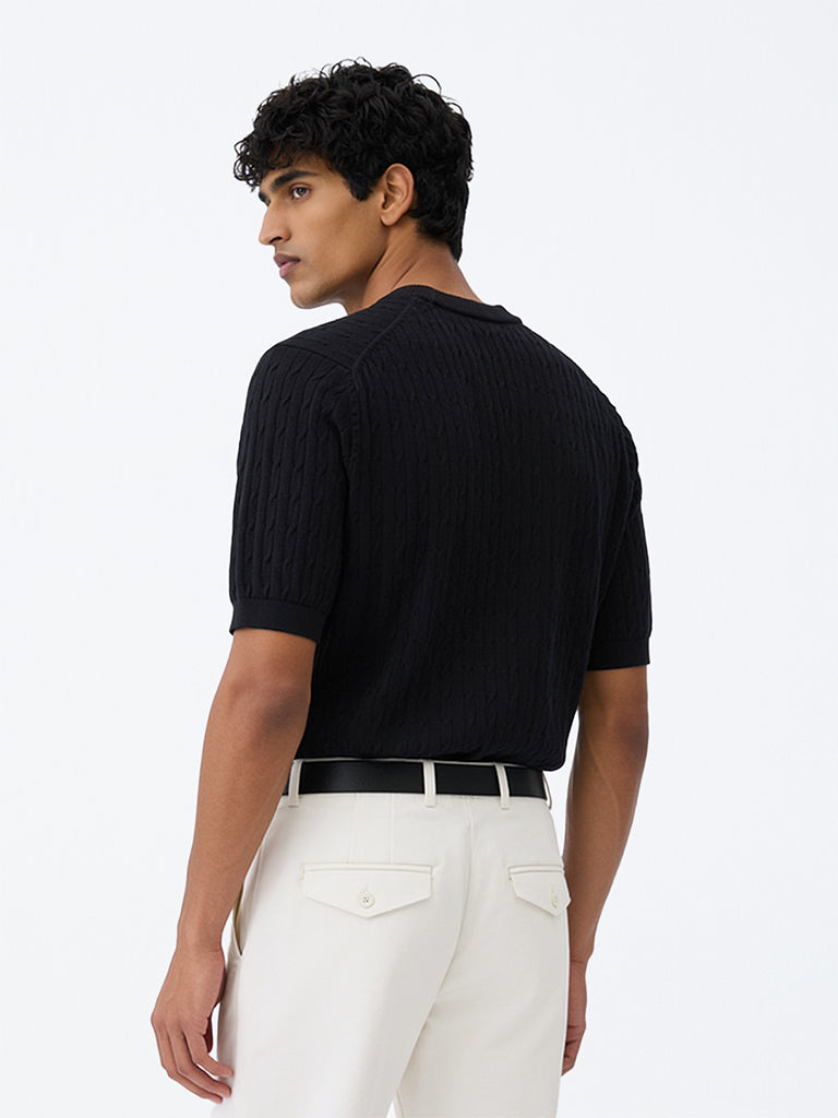 Ascot Black Cable-Knit Relaxed-Fit Cotton-Blend T-Shirt