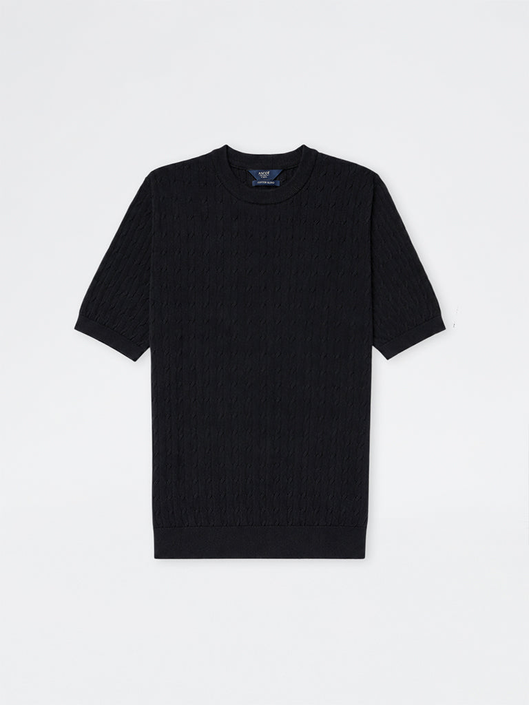 Ascot Black Cable-Knit Relaxed-Fit Cotton-Blend T-Shirt