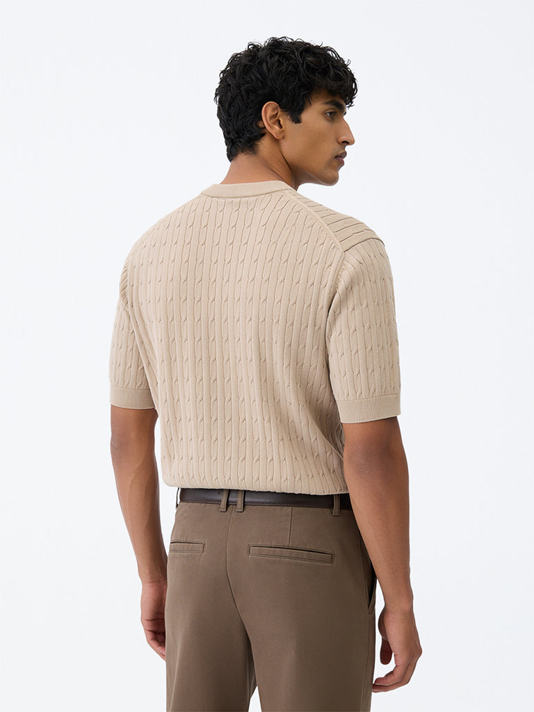 Ascot Light Taupe Cable-Knit Relaxed-Fit Cotton-Blend T-Shirt