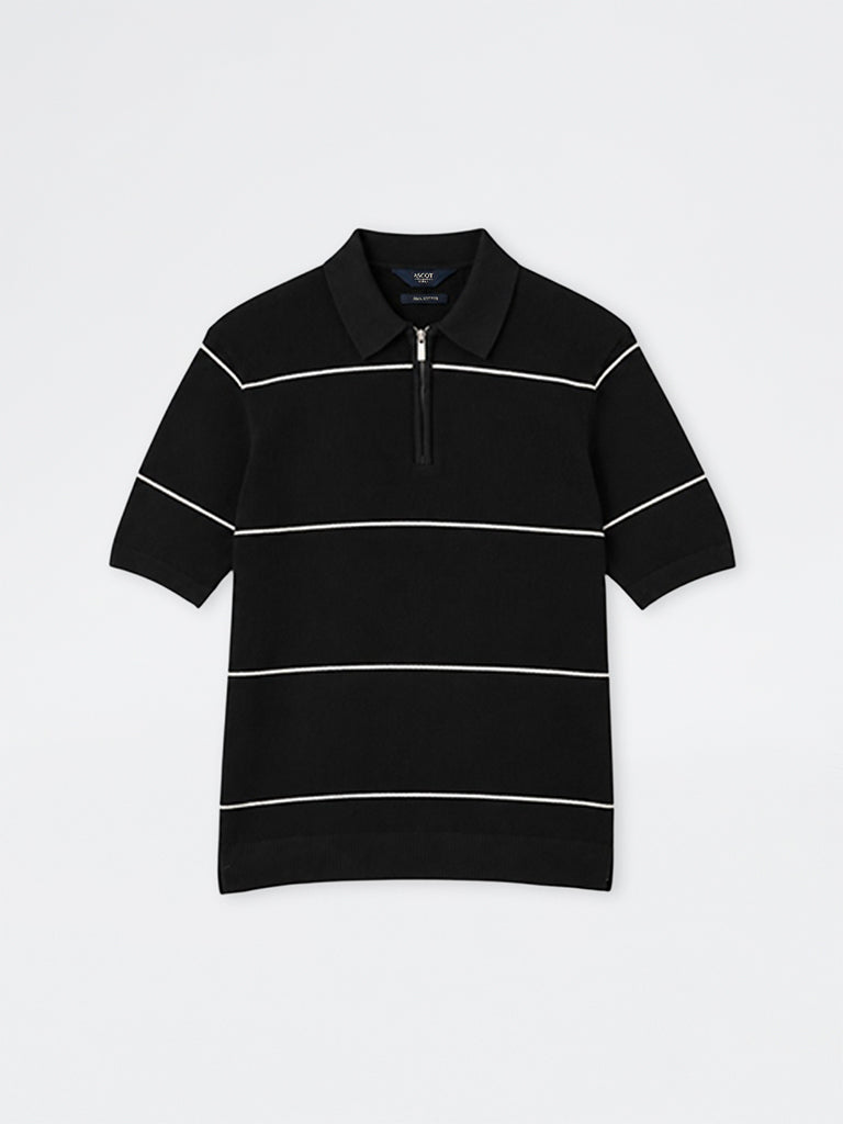 Ascot Black Striped Quarter-Zip Relaxed-Fit Polo T-Shirt