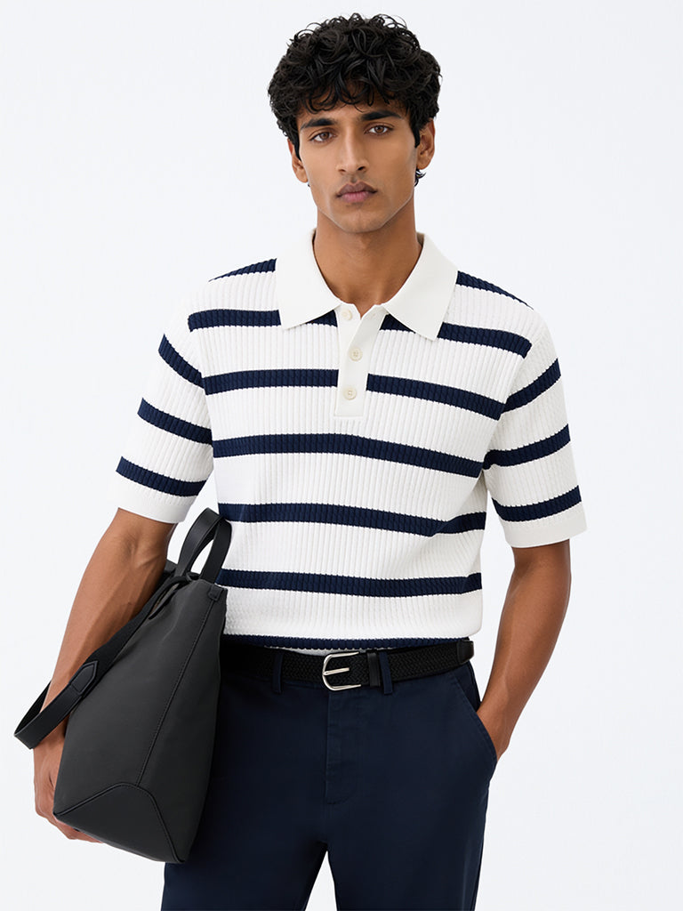 Ascot Navy Striped Cable-Knit Relaxed-Fit Cotton-Blend Polo T-Shirt