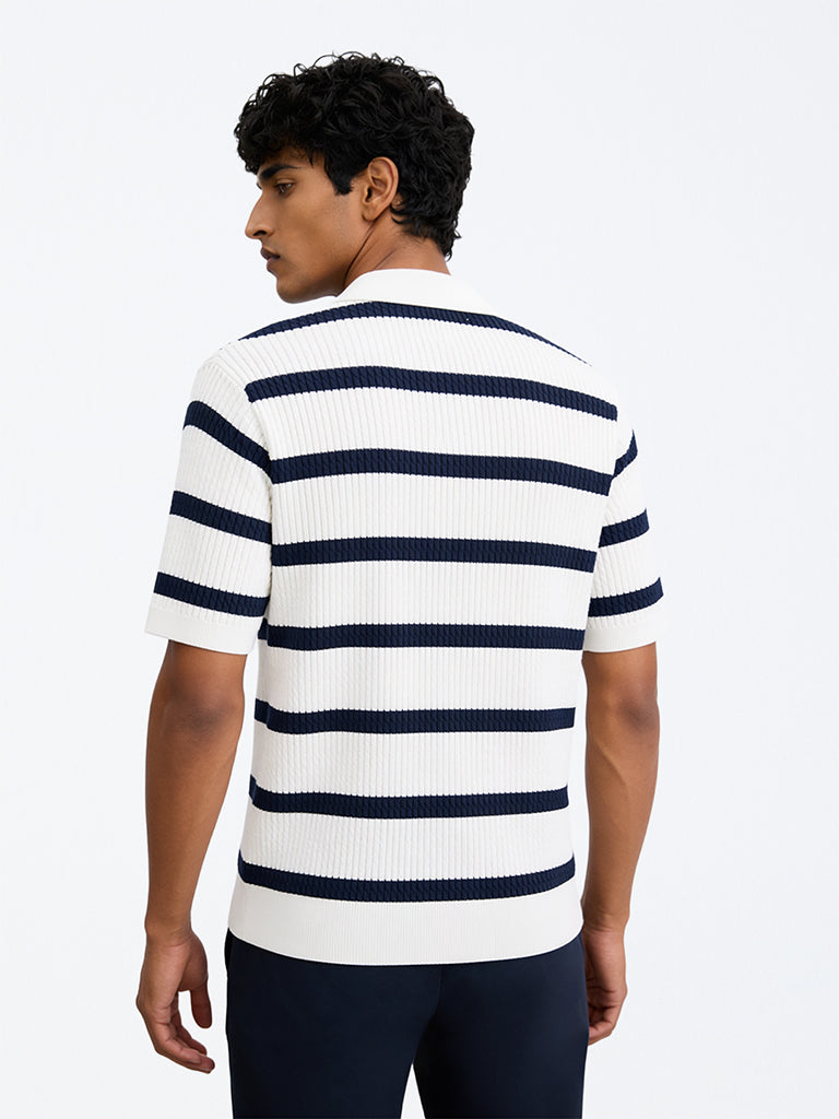 Ascot Navy Striped Cable-Knit Relaxed-Fit Cotton-Blend Polo T-Shirt