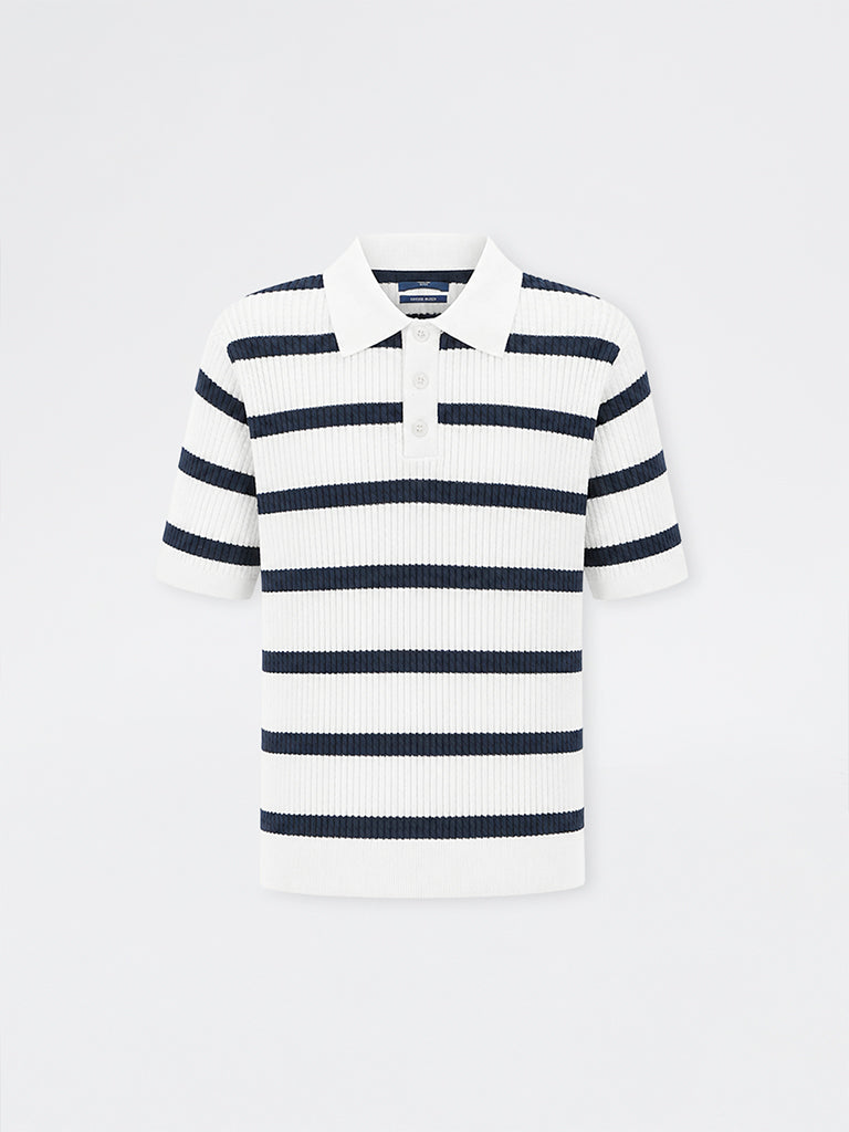 Ascot Navy Striped Cable-Knit Relaxed-Fit Cotton-Blend Polo T-Shirt