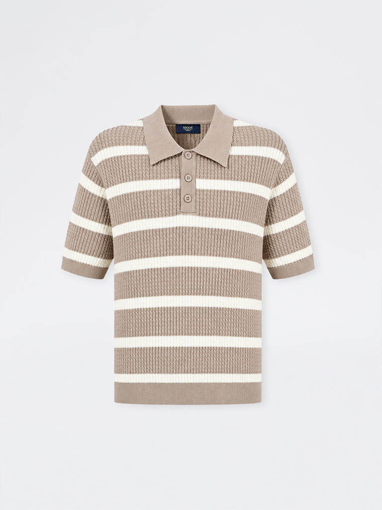 Ascot Taupe Striped Cable-Knit Relaxed-Fit Cotton-Blend Polo T-Shirt