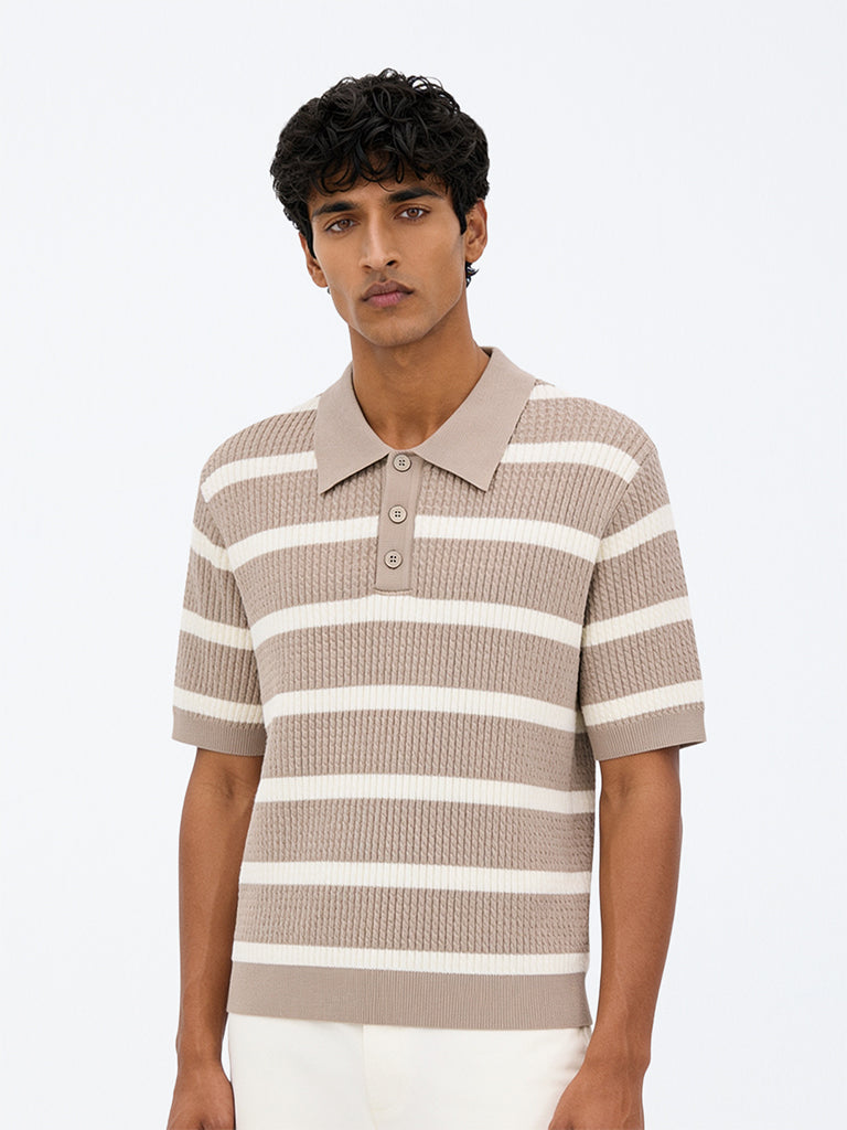 Ascot Taupe Striped Cable-Knit Relaxed-Fit Cotton-Blend Polo T-Shirt