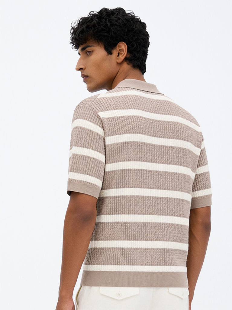 Ascot Taupe Striped Cable-Knit Relaxed-Fit Cotton-Blend Polo T-Shirt