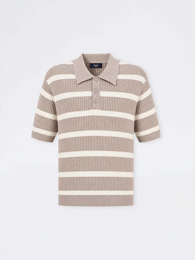 Ascot Taupe Striped Cable-Knit Relaxed-Fit Cotton-Blend Polo T-Shirt