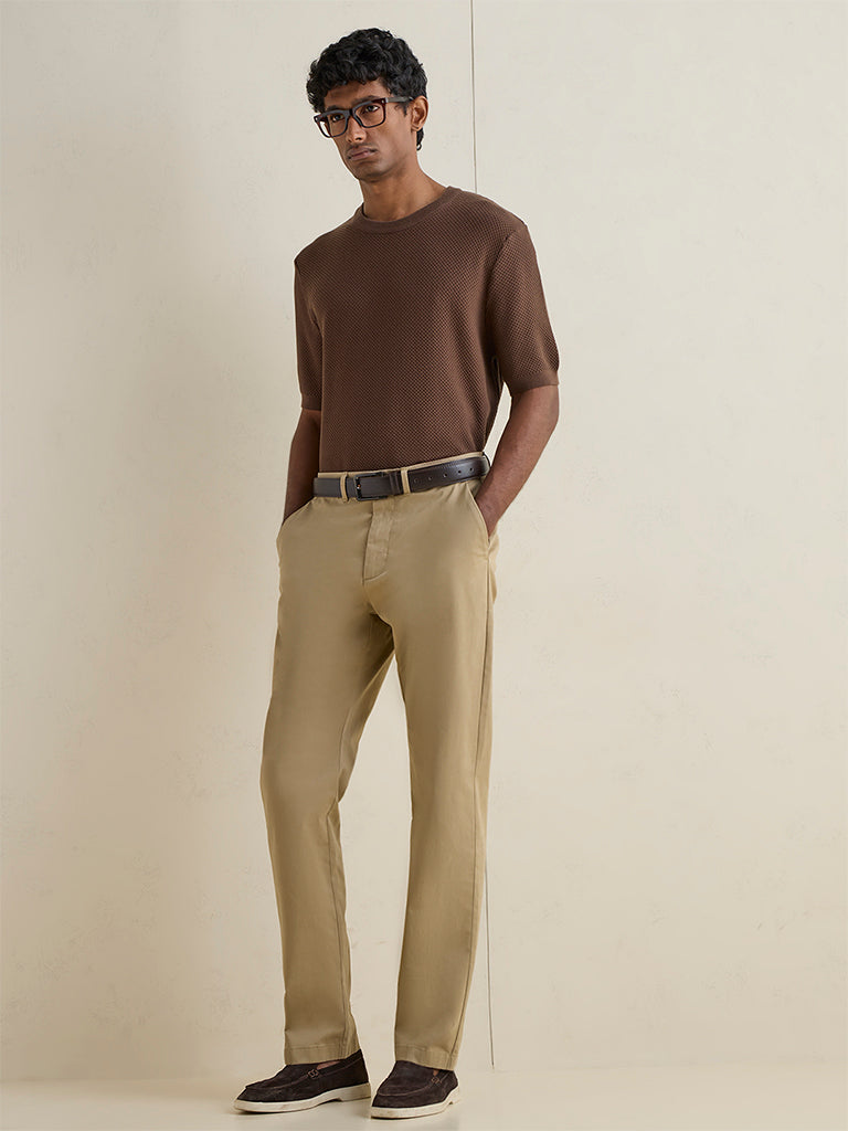 Ascot Brown Knit-Textured Relaxed-Fit Cotton-Blend T-Shirt