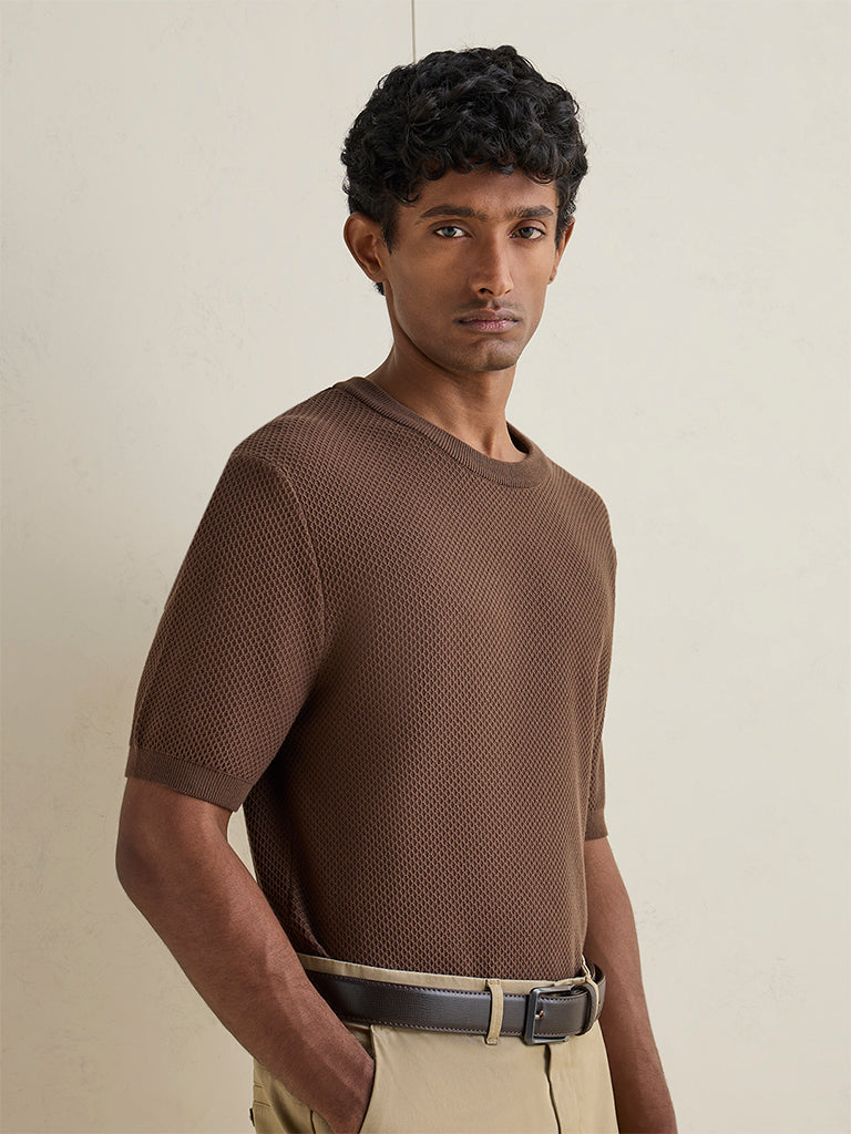 Ascot Brown Knit-Textured Relaxed-Fit Cotton-Blend T-Shirt