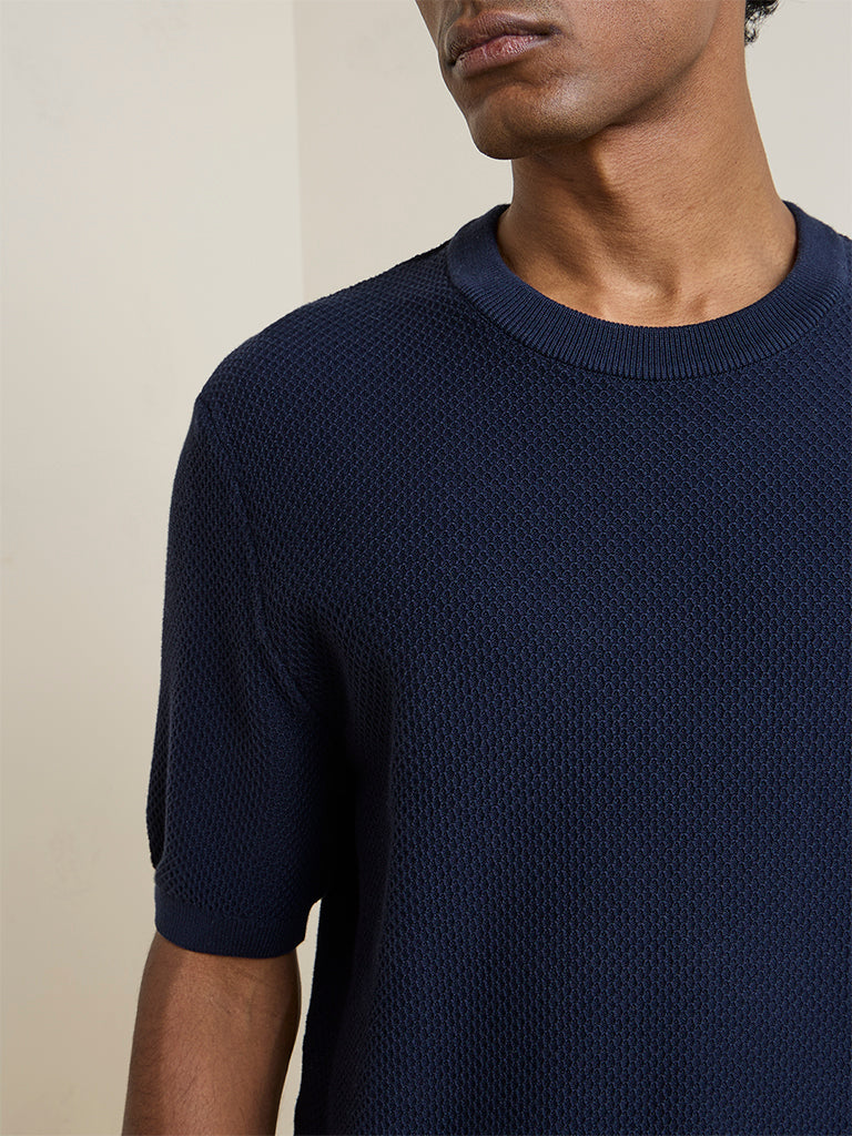 Ascot Navy Textured Relaxed-Fit Cotton-Blend T-Shirt