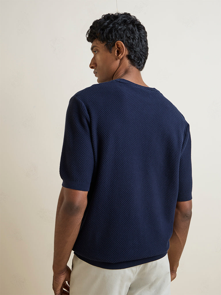 Ascot Navy Textured Relaxed-Fit Cotton-Blend T-Shirt