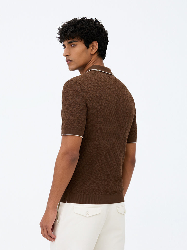Ascot Brown Knit-Textured Relaxed-Fit Quarter-Zip Polo T-Shirt