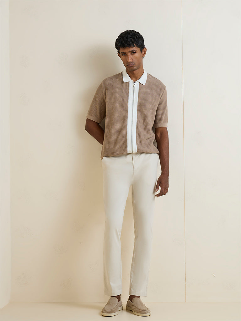 Ascot Dark Beige Waffle Textured Relaxed-Fit Cotton-Blend T-Shirt