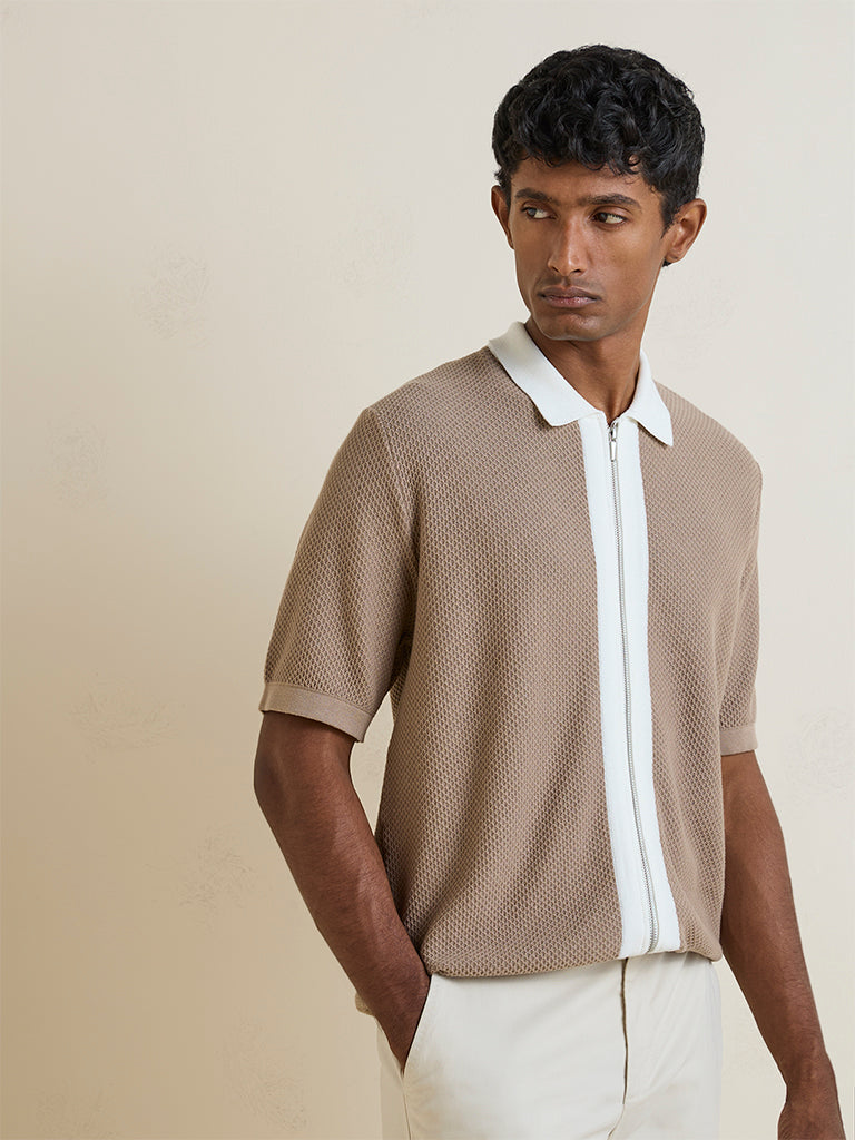 Ascot Dark Beige Waffle Textured Relaxed-Fit Cotton-Blend T-Shirt