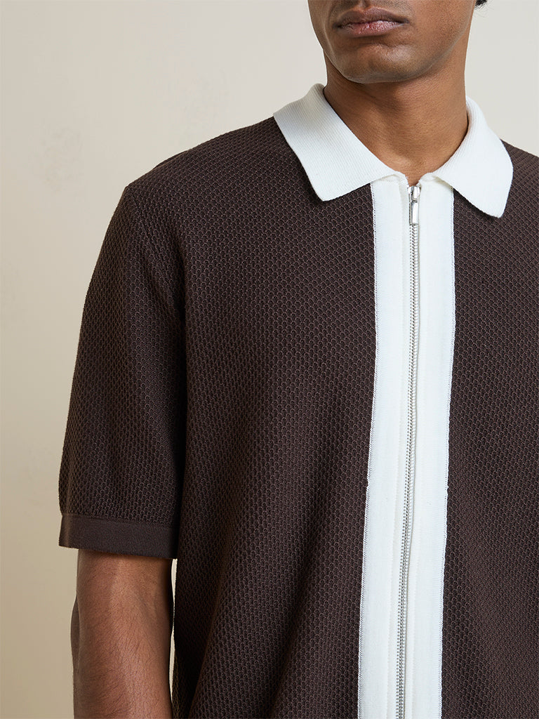 Ascot Dark Brown Waffle Textured Relaxed-Fit Cotton-Blend T-Shirt