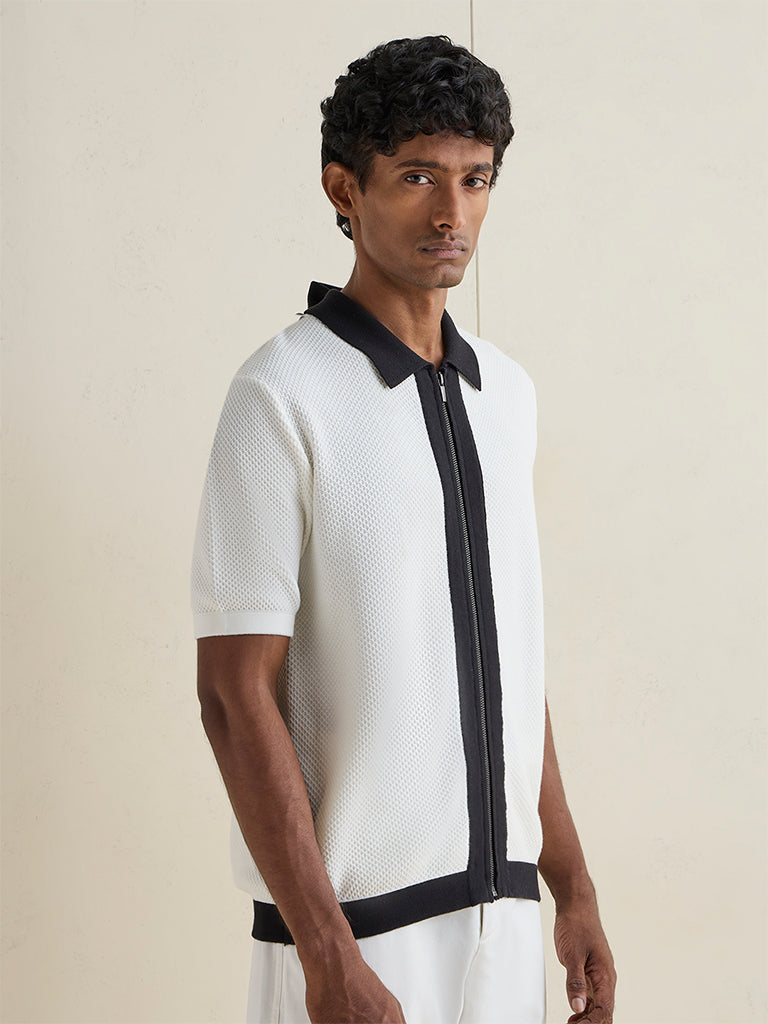 Ascot Off-White Colour-Blocked Textured Relaxed-Fit Polo Cotton-Blend T-Shirt