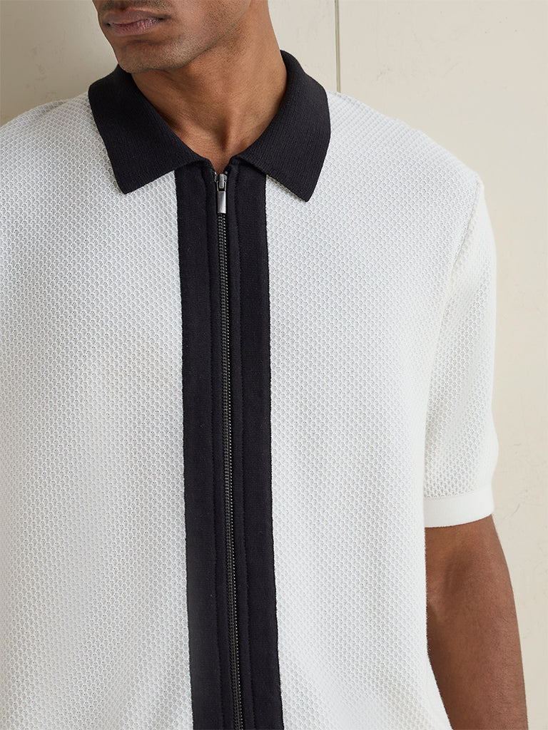 Ascot Off-White Colour-Blocked Textured Relaxed-Fit Polo Cotton-Blend T-Shirt