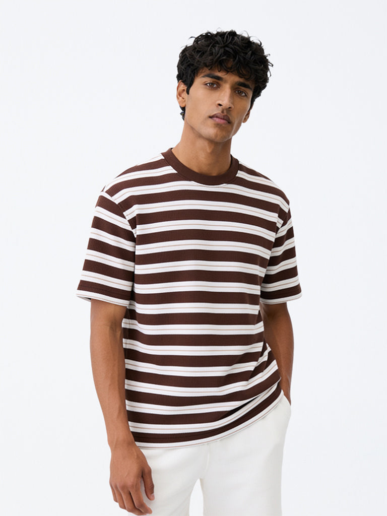 WES Lounge Brown Striped Relaxed-Fit Cotton-Blend T-Shirt