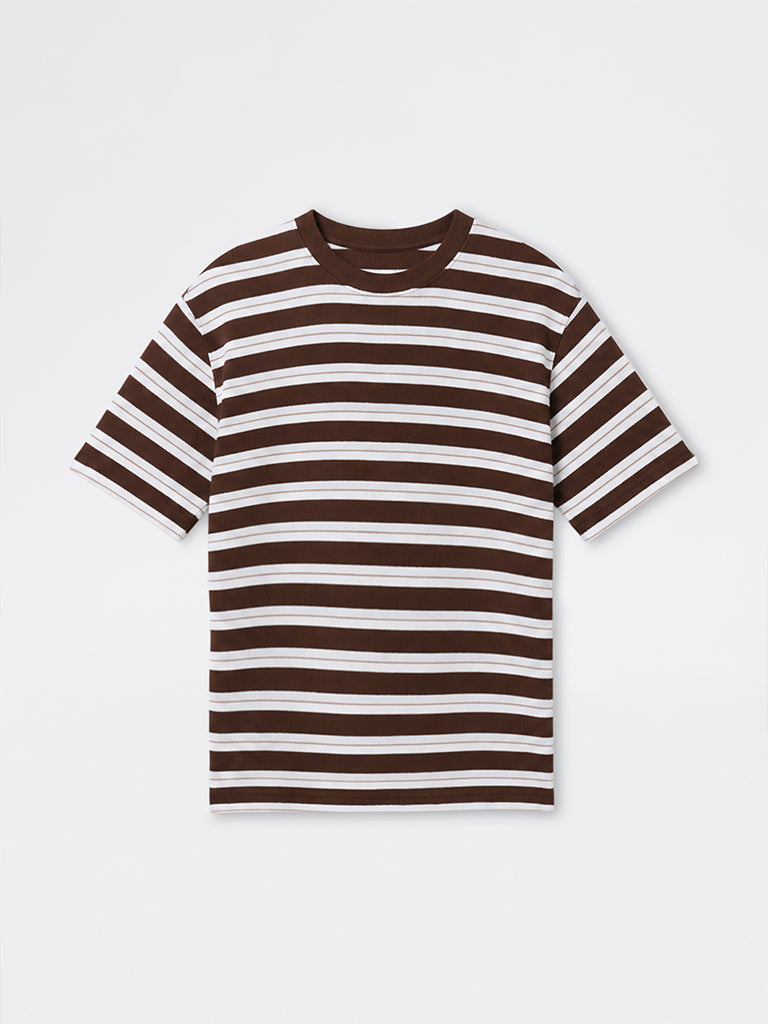 WES Lounge Brown Striped Relaxed-Fit Cotton-Blend T-Shirt