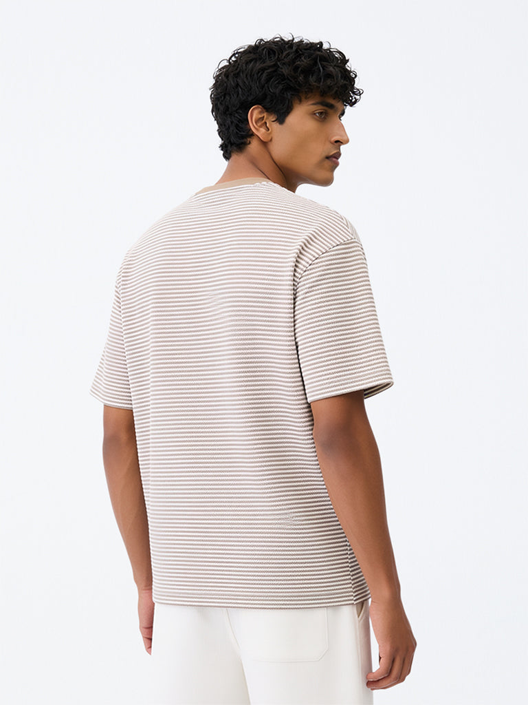 WES Lounge Beige Striped Relaxed-Fit Cotton-Blend T-Shirt