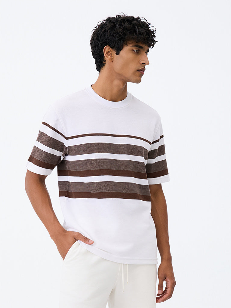 WES Lounge Off-White Striped Relaxed-Fit Cotton-Blend T-Shirt