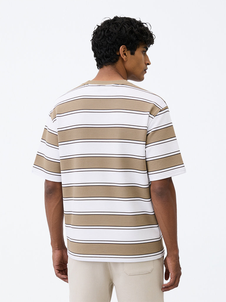WES Lounge Beige Striped Relaxed-Fit Cotton-Blend T-Shirt