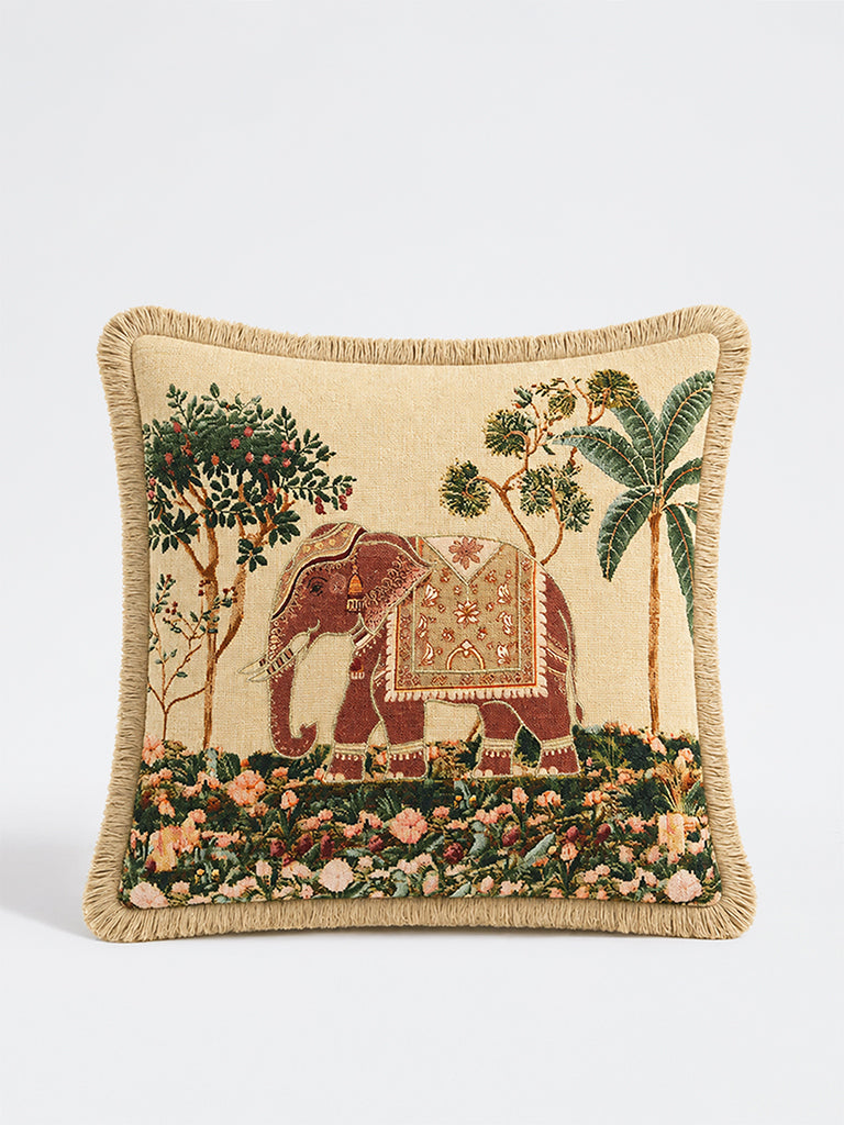 Westside Home Beige Heritage Elephant Design Tapestry Cushion Cover