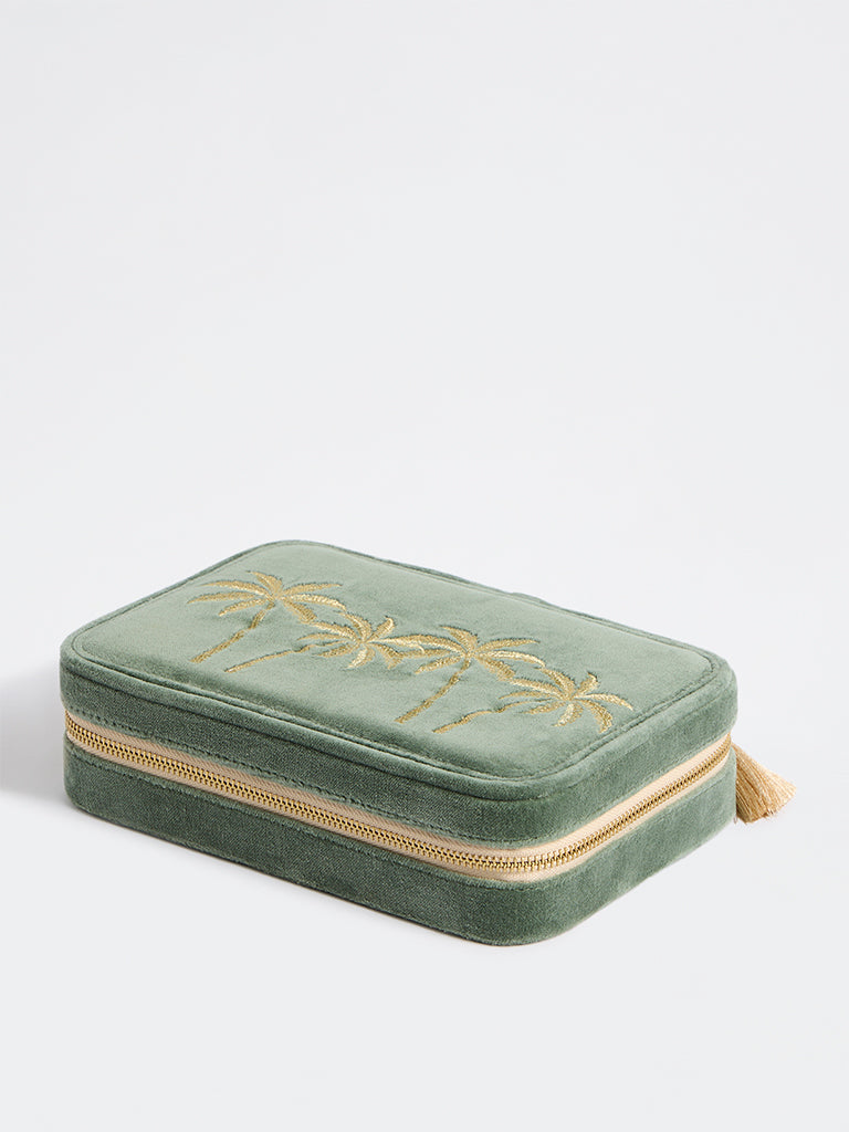 Westside Home Sage Tropical Embroidered Velvet Rectangular Jewellery Box