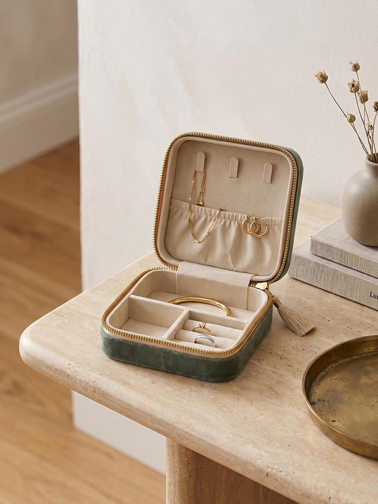 Westside Home Sage Tropical Embroidered Velvet Square Jewellery Box