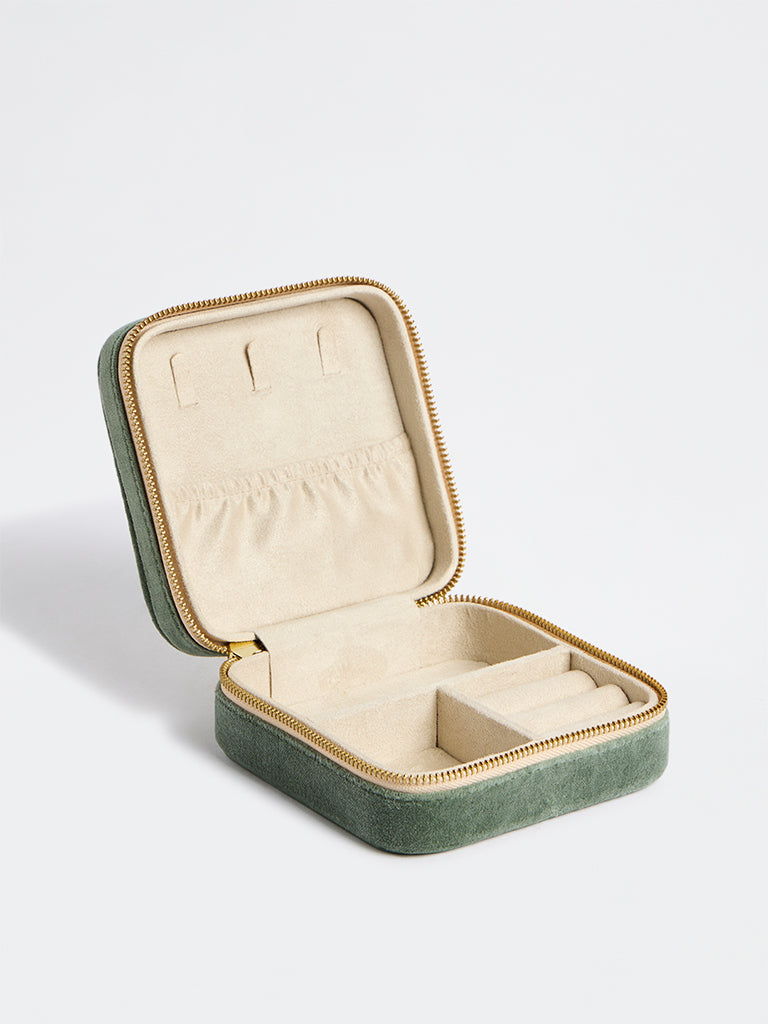 Westside Home Sage Tropical Embroidered Velvet Square Jewellery Box