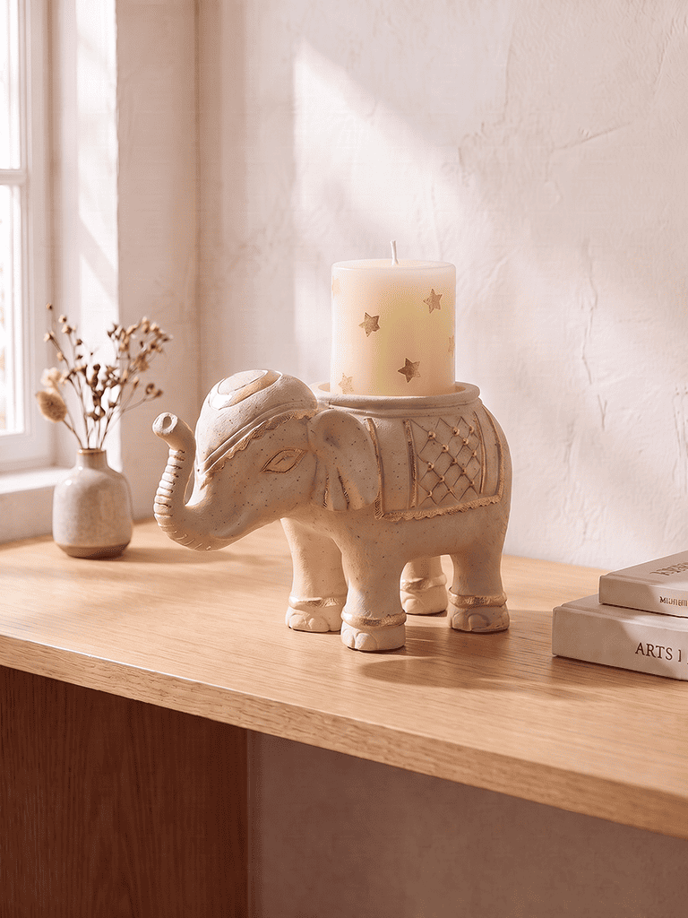 Westside Home Off-White Marble Elephant Design Candle Holder