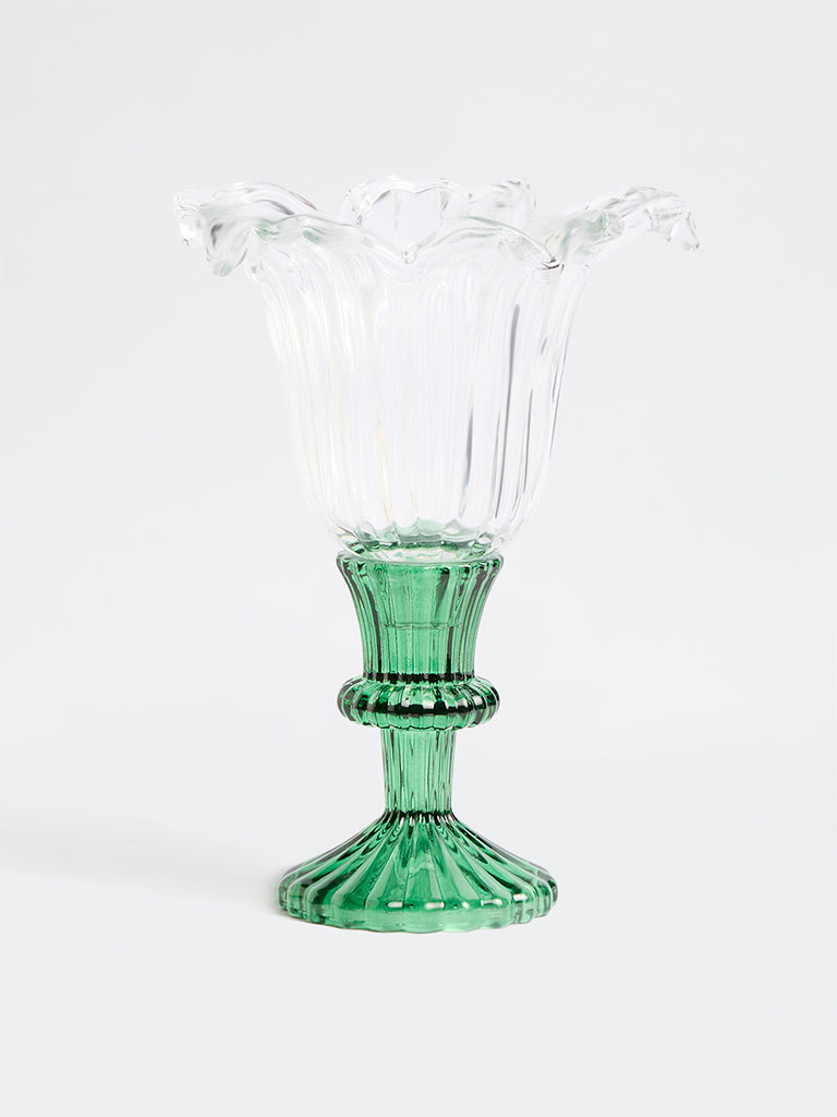 Westside Home Green Floral Design Glass Candle Holder