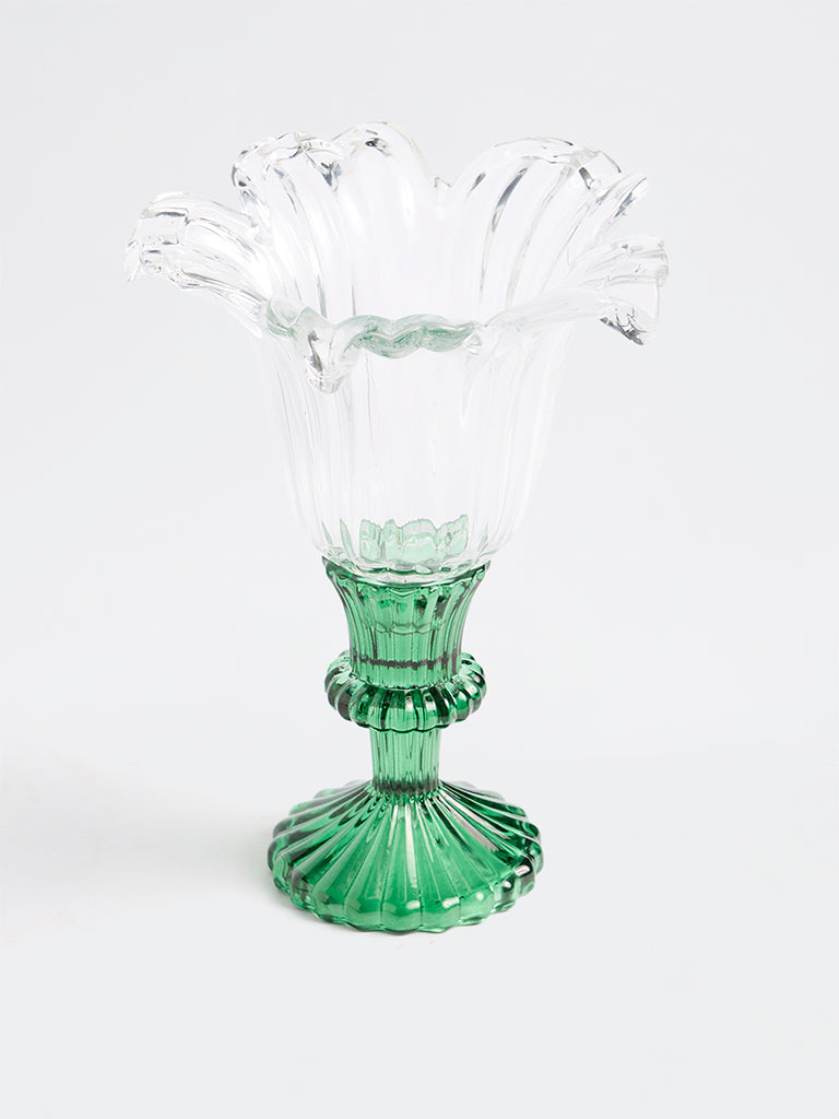 Westside Home Green Floral Design Glass Candle Holder
