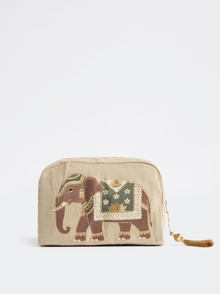 Westside Home Beige Heritage Elephant Design Pouch