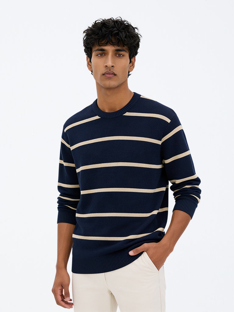 WES Casuals Navy Striped Relaxed-Fit Sweater