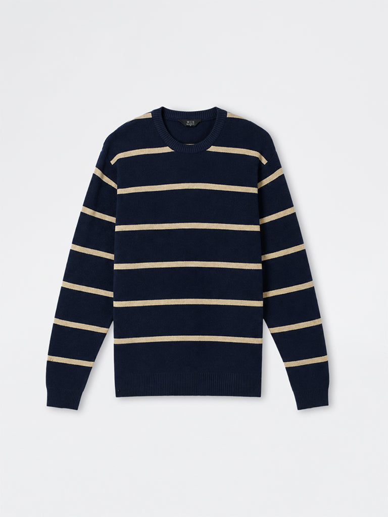 WES Casuals Navy Striped Relaxed-Fit Sweater