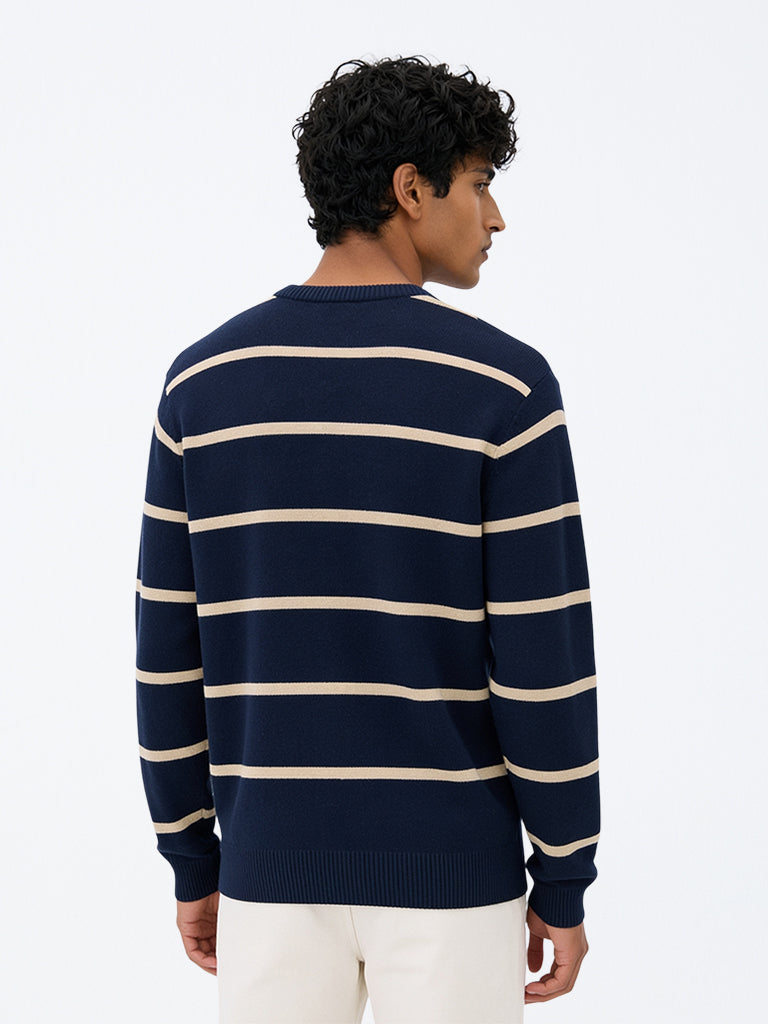 WES Casuals Navy Striped Relaxed-Fit Sweater