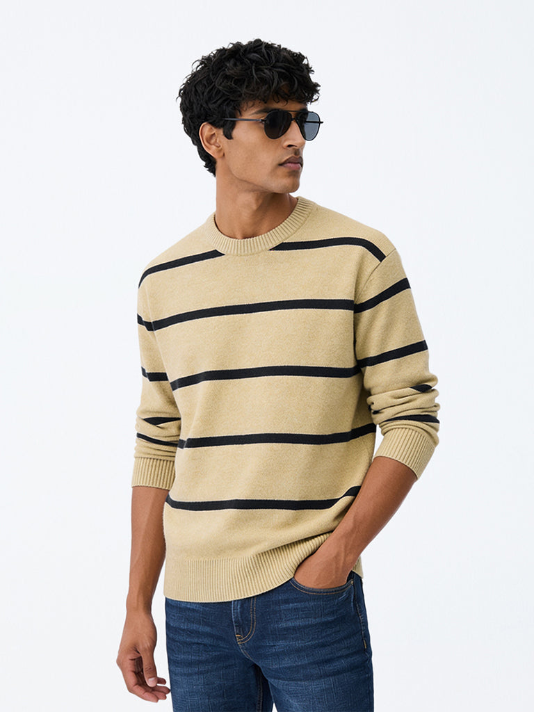 WES Casuals Beige Knitted Relaxed-Fit Sweater