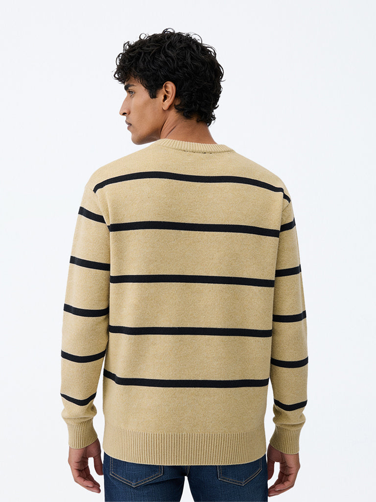 WES Casuals Beige Knitted Relaxed-Fit Sweater