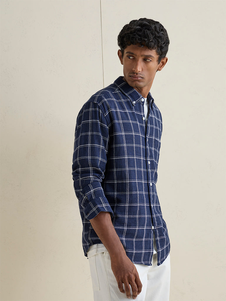 WES Casuals Navy Checkered Relaxed-Fit Cotton Shirt