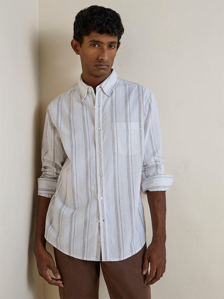 WES Casuals White Striped Relaxed-Fit Cotton Shirt