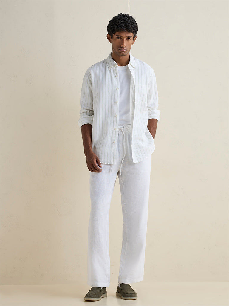 WES Casuals White Striped Relaxed-Fit Cotton-Blend Shirt