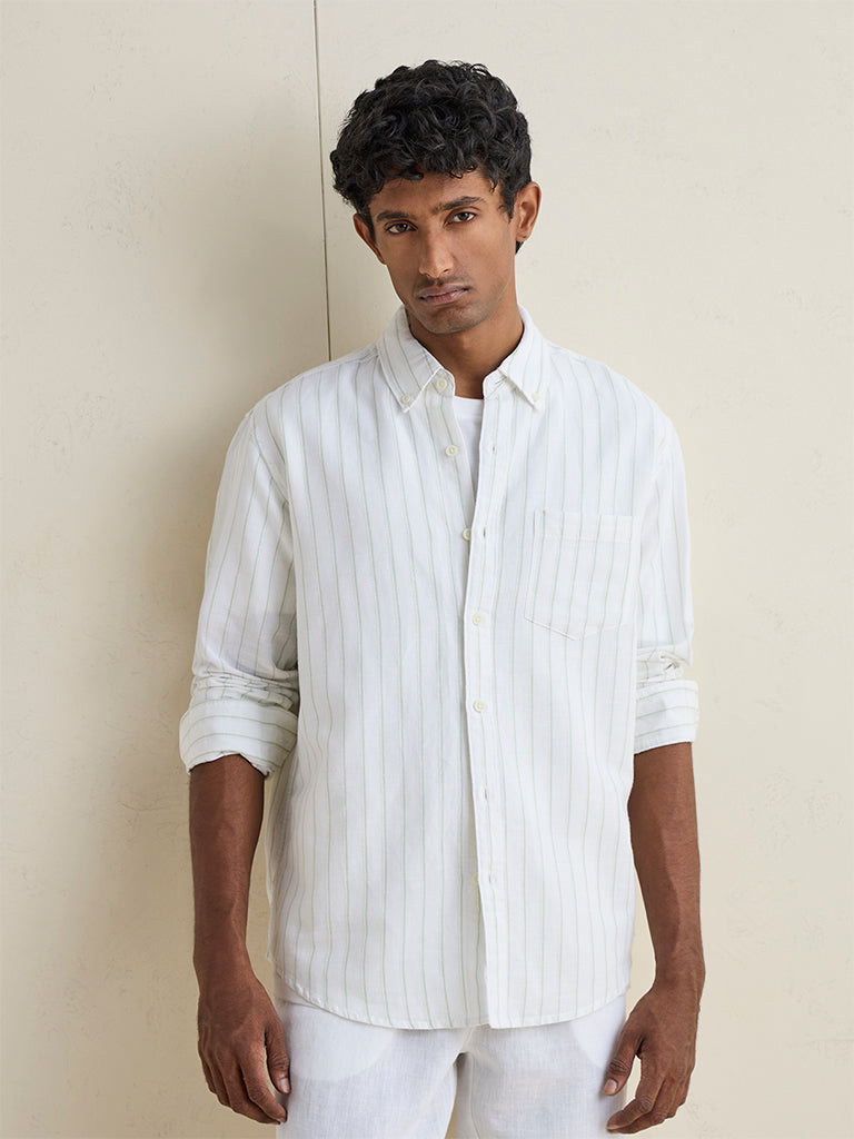 WES Casuals White Striped Relaxed-Fit Cotton-Blend Shirt