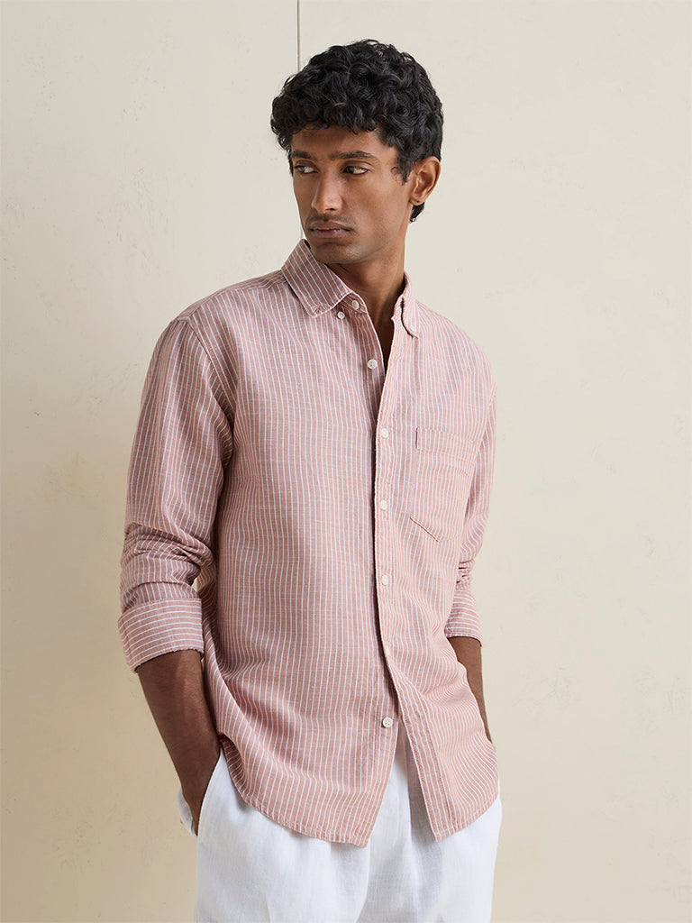 WES Casuals Pink Striped Relaxed-Fit Cotton-Blend Shirt
