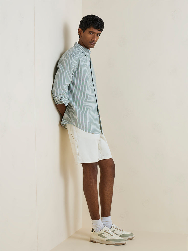 WES Casuals Dark Sage Striped Relaxed-Fit Cotton Shirt