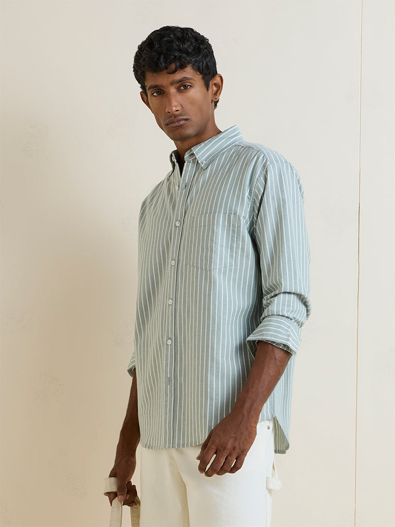 WES Casuals Dark Sage Striped Relaxed-Fit Cotton Shirt
