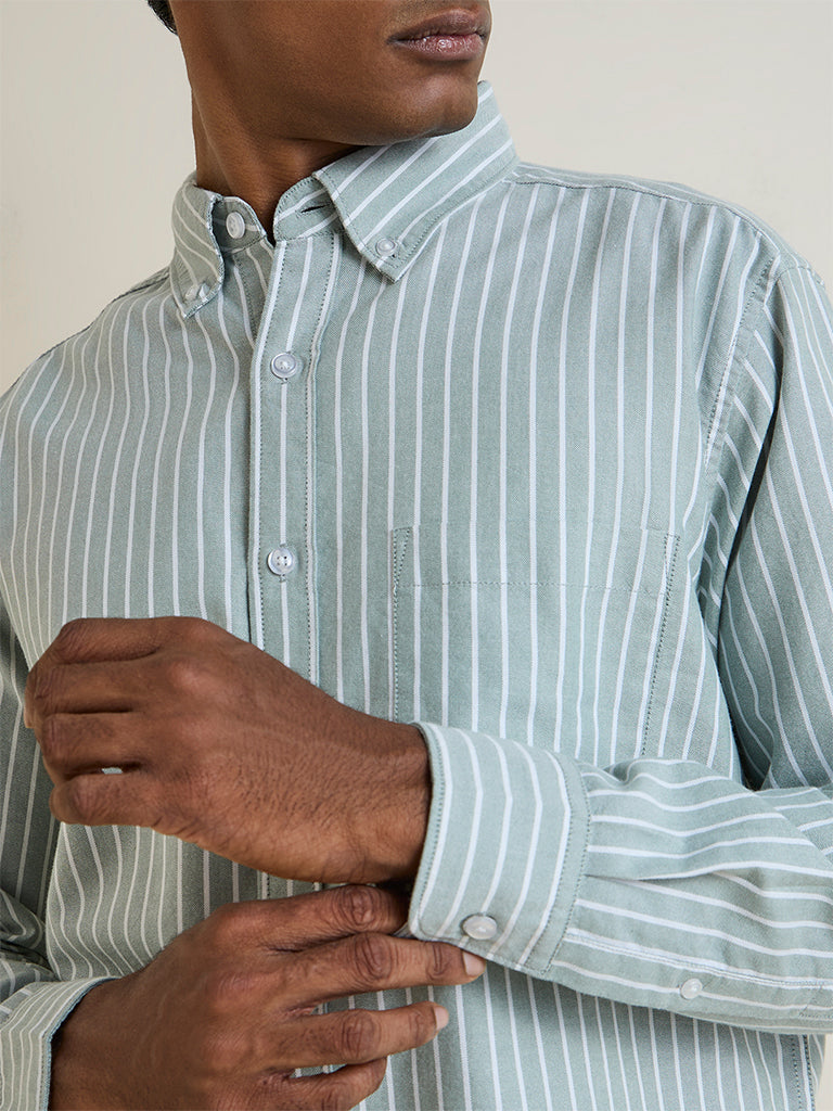 WES Casuals Dark Sage Striped Relaxed-Fit Cotton Shirt